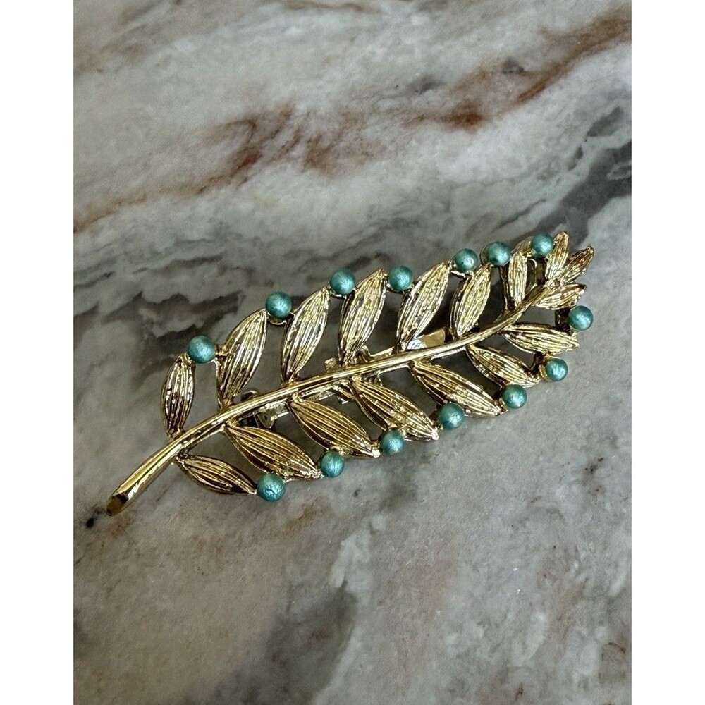 VTG Gerry Gold Tone Turquoise Enamel Leaf Brooch Pin Cottagecore Old Money Glam